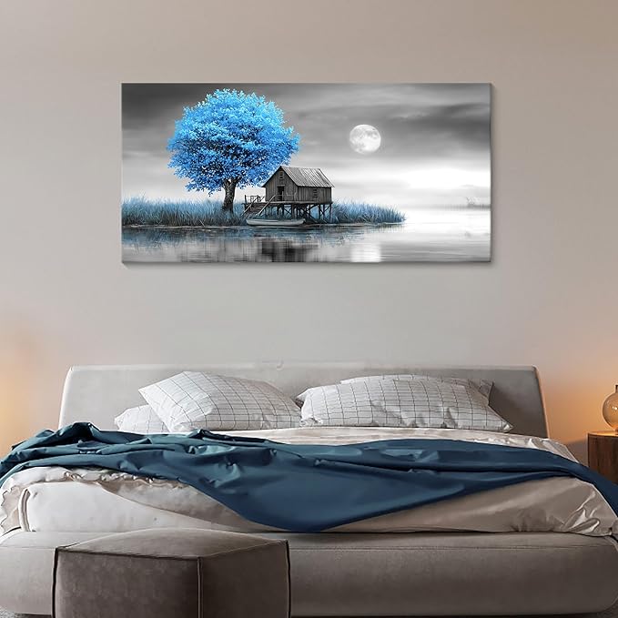JEAWA Landscape Canvas Wall Art Decor - Blue Gray Wall Art for Bedroom Living Room Home Office, Winter Wall Art Canvas Paintings, Moon Pictures Wall Decor, Tree Art Wall Decor, 24x48 IN
