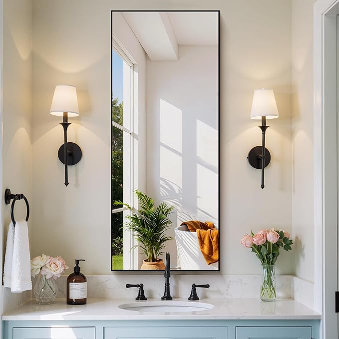 Black Bathroom Mirror for Wall, 20x48 Inch Rectangle with Metal Frame, Modern Vanity for Bathroom Living Room, Entryway Hangs Horizontal or Vertical