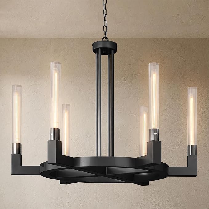 Black 6-Lights Wagon Wheel Chandelier with Glass Tube, 35''Farmhouse Chandeliers Round Luxurious Large Chandelier Fixture Ceiling Pendant Lighting for Dining Living Room, Foyer