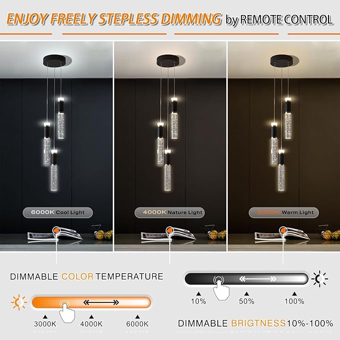 3-Light LED Pendant Light Modern Chandelier Hanging Chandelier Light Fixtures Adjustable Modern Led Pendant Ceiling Light Fixture for Kitchen, Island,Dining Room,Bedroom