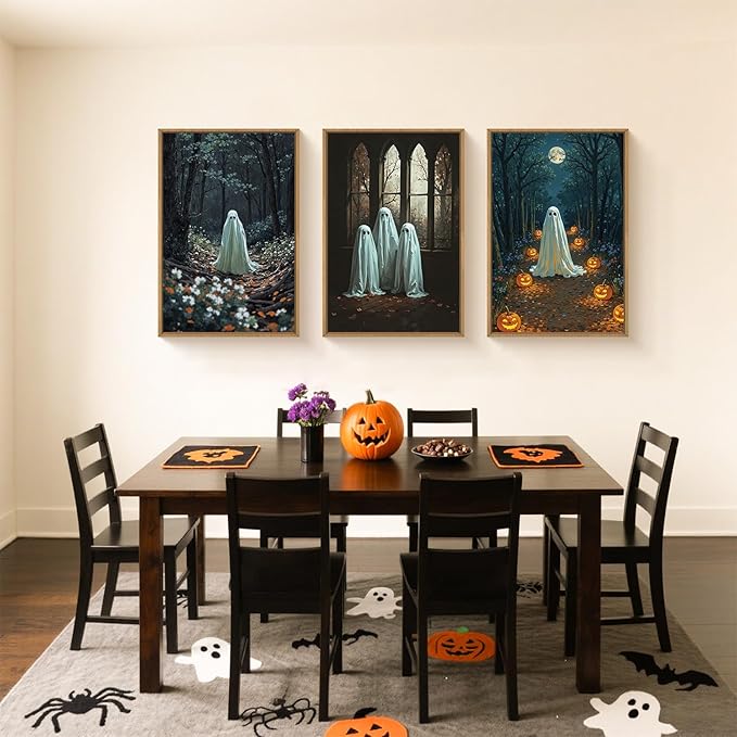 Ausril 3Pc Halloween Cute Ghost Framed Wall Art Set, Scary Forest and Pumpkin Wall Decor, Horror Moon Night Wall Painting, Gothic Spooky Art Print for Living Room, Bedroom, Party, Basement 24×36inch