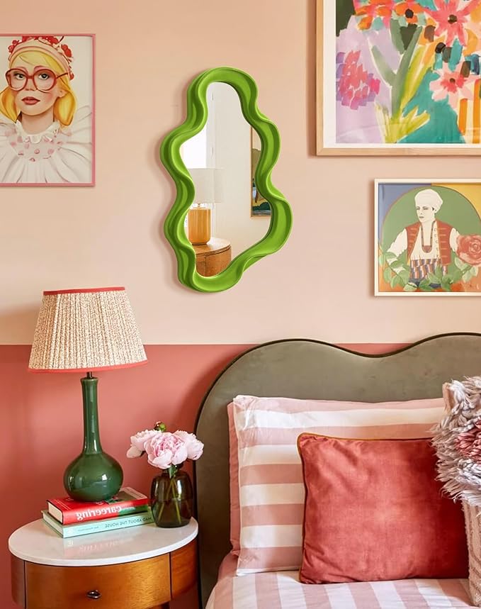 Living Room Mirrors for Wall Decor, Soft Velvet Wall Mounted Cloud Mirror for Girl Teen Women Bedroom Decoration, Cute Hanging Sculpture Home Accent for Dining Room Kitchen (Lawn Green)