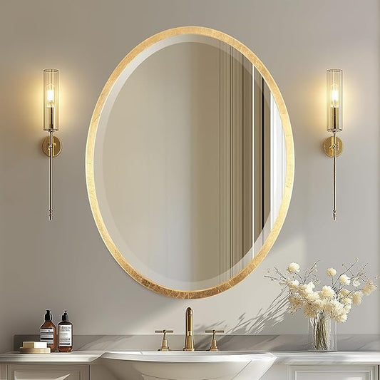 OVALCREST - Oval Wooden Beveled Wall Mirror for Home Decor, Bathroom, Vanity, Bedroom, Living Room, Hallway - London Style (Gold Leaf) 31.1 x 21.1