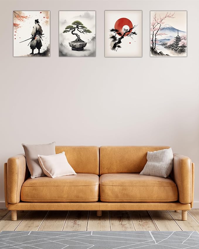 Japanese Wall Art Set of 4 – Samurai, Rising Sun, Bonsai Tree & Mount Fuji Prints – 8x10 inch Unframed, Modern Minimalist Asian Oriental Decor for Living Room