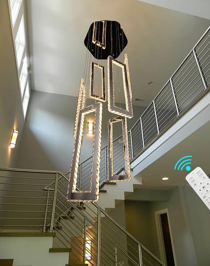 Modern Chandelier 6 Rings Silver Chandelier Lighting Fixture High Ceiling Chandelier Suitable for Living Room Staircase Villa