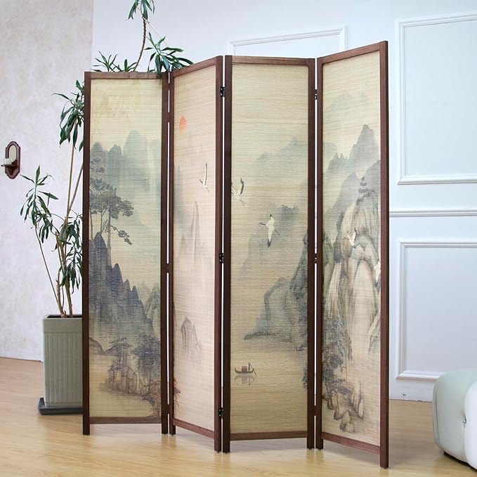 4 Panel Room Divider Screen and Folding Panel Screen,Double Sided Bamboo Divider for Room Separation,Mountains and Waters Landscape,67" H x 63" W