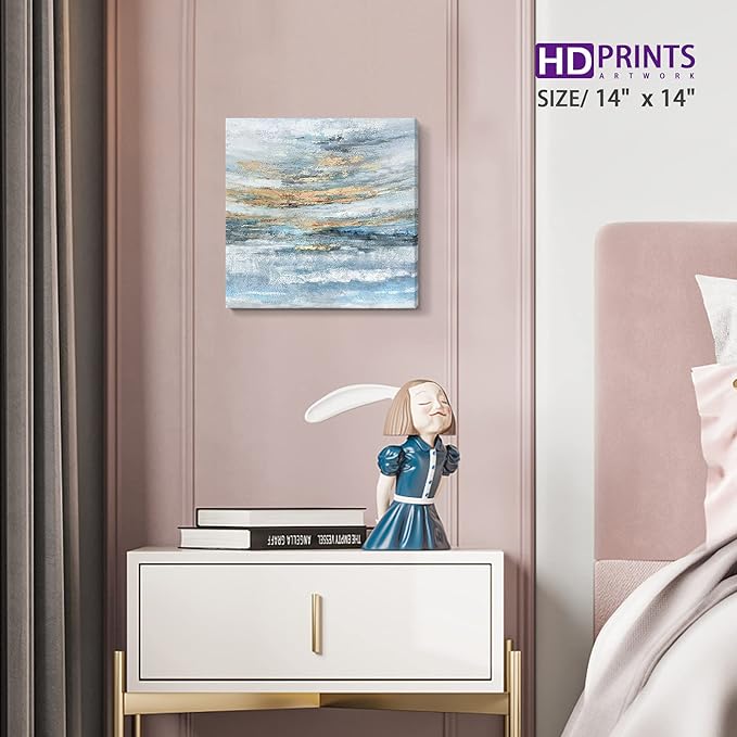 Nicetop Bathroom Wall Art Abstract Canvas Art Print Modern Blue Ocean Picture Small Coastal Sunset & Sunrise Artwork for Sea Lake Themed Home Bedroom Décor 13.3x13.3inch