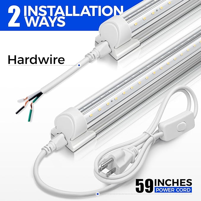 Barrina 8FT LED Shop Light, 72W 10000LM 6500K, Clear Cover Linkable LED Tube Lights, Integrated T8 Light Fixture, V Shape Ceiling Lights for Garage, Warehouse, Workshop, 6 Packs