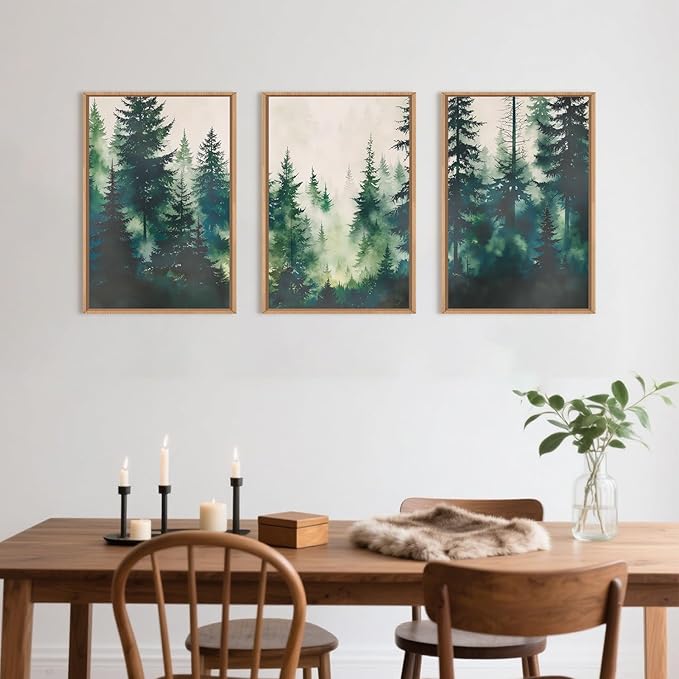 Misty Forest Landscape Framed Canvas Wall Art Set, Nature Green Pine Tree Wall Decor, Calming Greenery Boho Scenery Artwork Watercolor Modern Foggy Print for Living Room,Bedroom-16 x24 x3
