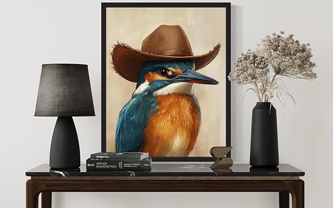 Kingfisher Cowboy Art Print Poster Wall Art, Western Country Farmhouse Wild West for Bedroom, Bathroom, Living Room Art Decor 58 (Kingfisher, 8 x 10 inches, Black Frame)