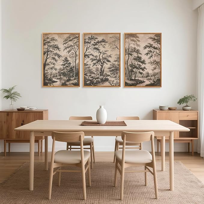 CHDITB Vintage Landscape Framed Wall Art, Neutral Minimalist Tree Wall Decor, Nature Woodland Sketch Spiritual Painting, Retro Botanical Forest Poster Classic Wilderness Office Art Prints 24"x36"x3