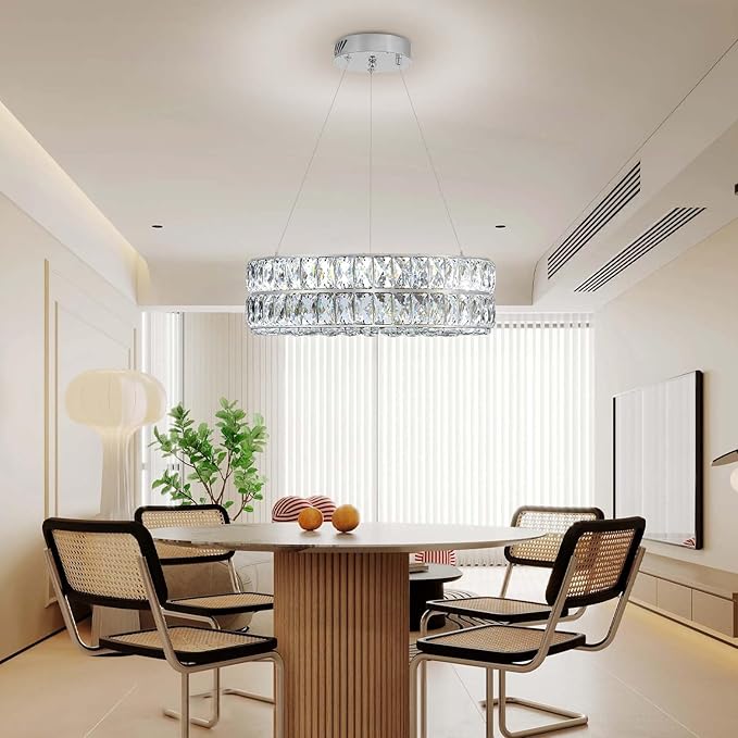 Led 15.7" Silver Ring Crystal Chandelier for Living Room, Modern Dimmable Chandeliers Lighting Adjustable Hanging Pendant Light for Dining Room