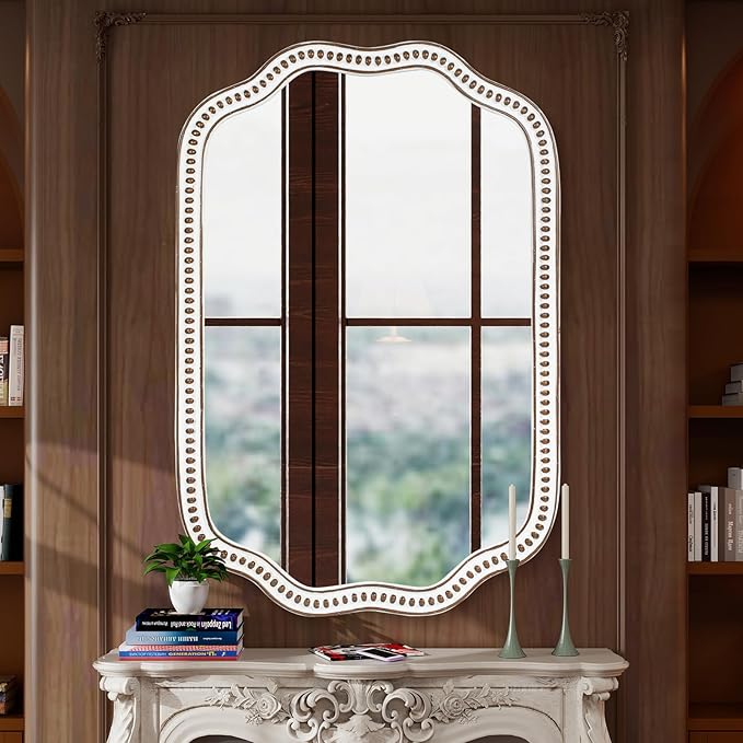 24x36 Inch Wooden Scalloped Farmhouse Mirror for Wall Decor, Rustic Decorative Mirrors for Living Room, Bedroom, Entryway, Bathroom Over Sink - Horizontal/Vertical Mount