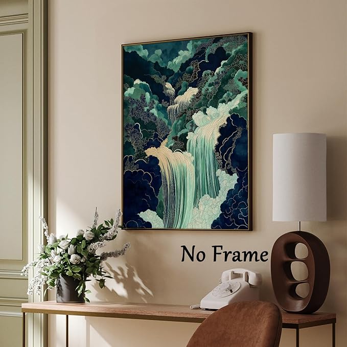 Mountain River Wall Art Japanese Waterfall Painting Abstract Forest Art Poster Blue And Green Abstract Canvas Japanese Style Print Blue And Green Landscape Wall Art Waterfall Artwork 16x24in No Frame