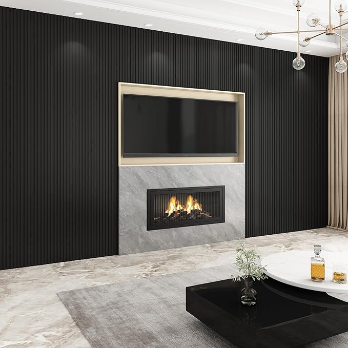 8-Pack WPC Wall Panels 108’’ x 6.3’’ 3D Slat Wall Panel Acoustic Wall Paneling for Interior Wall Decor TV Background Kitchen Bedroom Black