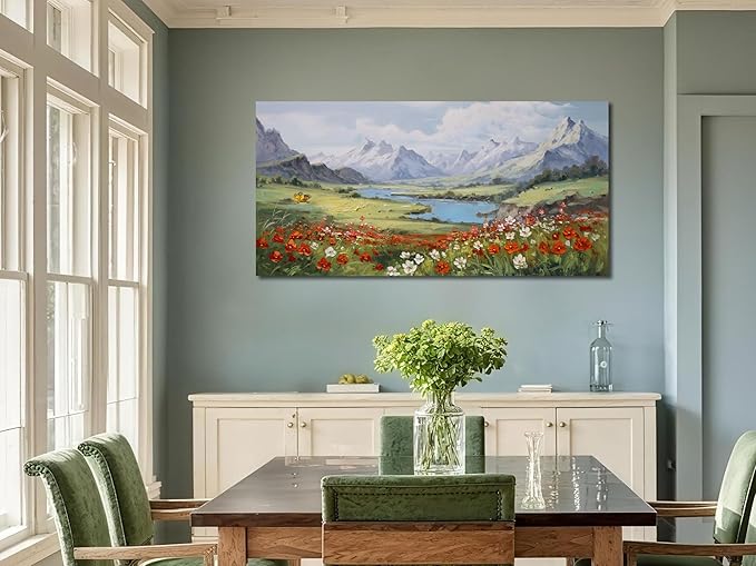 Arjun Landscape Wall Art Canvas for Living Room, Mountain Nature Painting Bedroom Large Textured Floral Scenery Picture Framed Artwork for Office Home Dining Room Hallway Wall Decor, 48"x24"