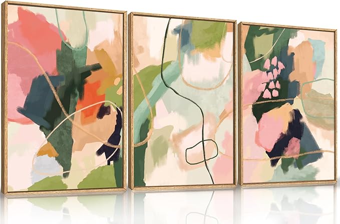 Colorful Abstract Framed Canvas Wall Art Set,Modern Multicolor Pastel Minimalist Line Wall Decor,Boho Green and Pink Painting for Living Room,Bedroom-24 x36 x3