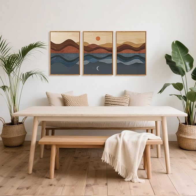 CHDITB Sunrise Moon Landscape Framed Canvas Wall Art, Nature Mountain Sea Wall Decor, Minimalist Artwork Abstract Waves Line Painting, Vintage Prints for Living Room Beach House Office-16 x24 x3