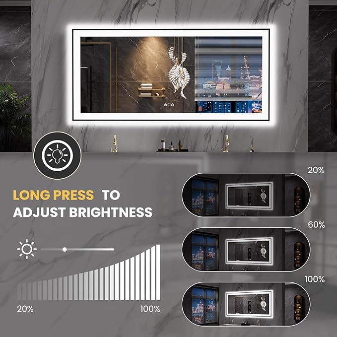 LOAAO 60"X28" LED Bathroom Mirror Black Framed, Anti-Fog, Dimmable, Lighted Bathroom Vanity Mirror for Wall, Memory Function, Tempered Glass