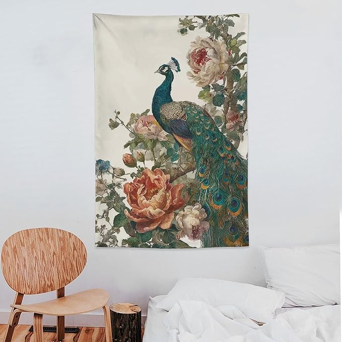 UUKXKUU Peacock Oriental Retro Blooming Flowers Tree Tapestry Flag Backdrop Wall Hanging Large Wall Art Decor for Dorm Office Bedroom Living Room 40"×60"