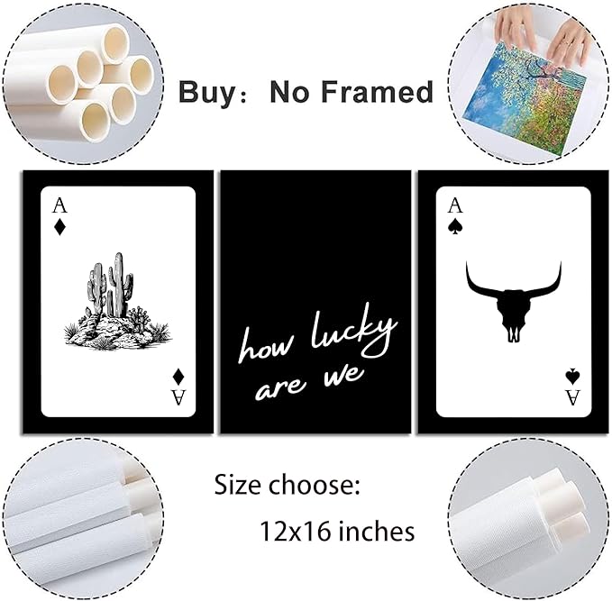 3Pcs Black and White Western Wall Art Country Southwest Canvas Poster Vintage Poker Ace Picture Cactus Bull Skull and How Lucky We Are Painting for Bedroom Living Room 12x16in Unframed