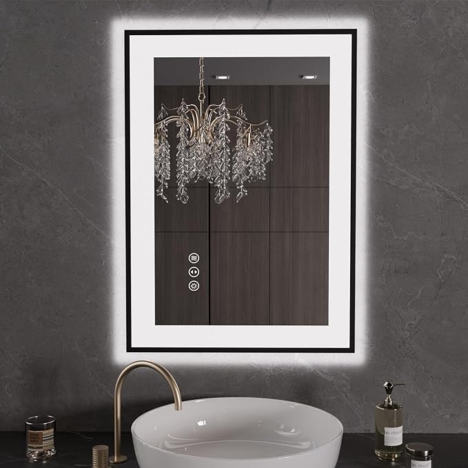 LOAAO 20"X28" LED Bathroom Mirror Black Framed, Anti-Fog, Dimmable, Lighted Bathroom Vanity Mirror for Wall, Memory Function, Tempered Glass