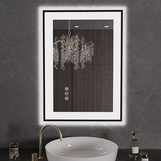 LOAAO 20"X28" LED Bathroom Mirror Black Framed, Anti-Fog, Dimmable, Lighted Bathroom Vanity Mirror for Wall, Memory Function, Tempered Glass