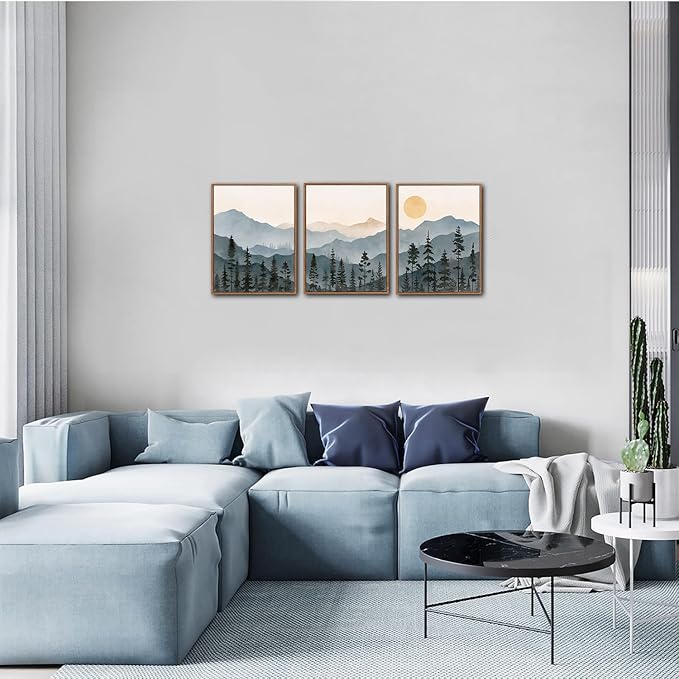 LHIUEM Boho Mountain Framed Canvas Wall Art Set of 3(12”X16”) Forest Pine Tree Wall Decor Nature Sunrise Wilderness Landscape Art Painting Forest Wall Art for Living Room Bedroom Dining Room Office