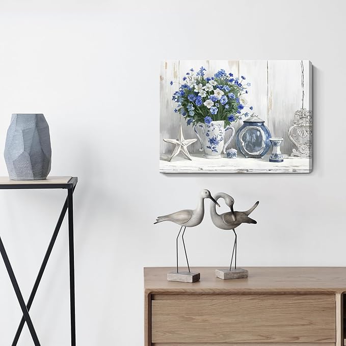 Nicetop Bathroom Decor Wall Art Vintage Coastal Picture Blue and White Anemone Flowers in Vase with Starfish and Bottle Pottery Canvas Print Rustic Country Farmhouse Artwork for Bedroom 16x12 Inch