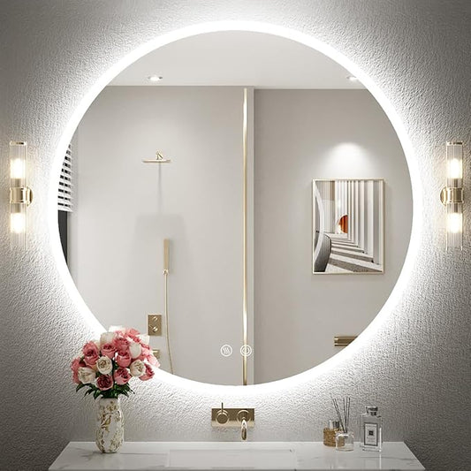 32 Inch Round LED Bathroom Mirror - 6000K Daylight Backlit, Anti-Fog & Dimmable, Frameless Waterproof Mirror with Touch Control, CRI90+, IP54 for Vanity & Makeup