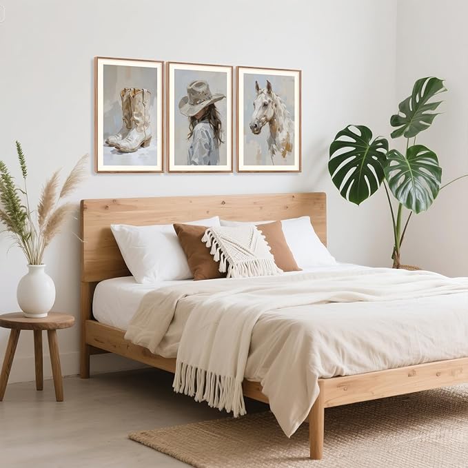 CHDITB Western Cowgirl Framed Canvas Wall Art Set, Farmhouse Wall Decor, Highland Horse Boots Artwork Painting,Vintage Country Hat Art Prints for Living Room Girls Dorm Bedroom Apartment-16 x24 x3