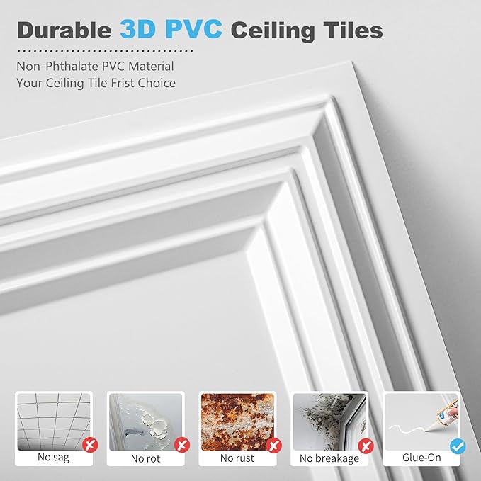 Art3d Drop Ceiling Tiles 48x24, Decorative PVC Ceiling Panels, Waterproof Rustproof and Durable 12-Pack, Glue Down, Rectangular Black