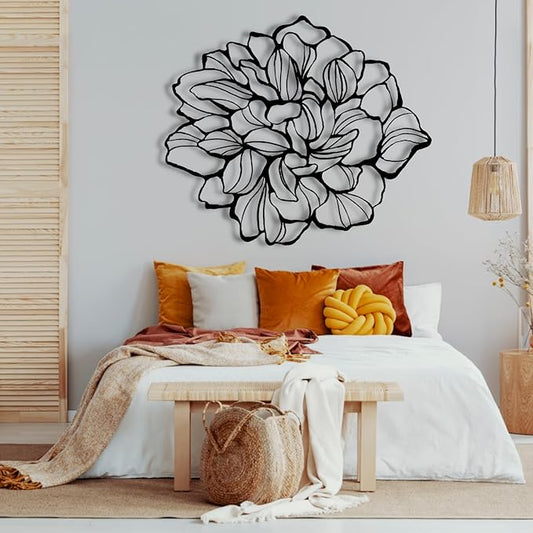 Metal Flowers Wall Decor, Metal Flower Wall Art, Minimalist Flower Line Wall Decor, Wall Art for Living Room, Bathroom, Bedroom, Housewarming Gift, Gift for Her (53"W x 46"H / 135 x 116 cm, black)
