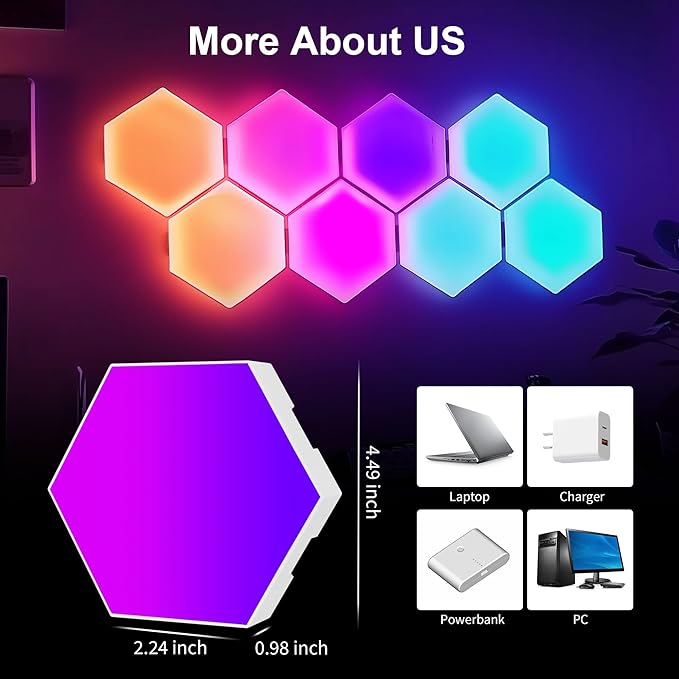 10Pcs RGB Hexagon Light Panels LED Wall Lights, Smart Modular Gaming Lights Creative Wall Lights with APP, Cool DIY Honeycomb Shape Panels Hexagon Lights with Music Sync for Indoor Decor