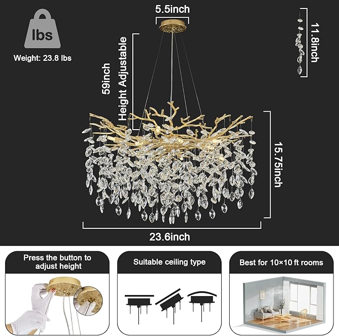 Modern Crystal Chandeliers for Dining Room, 24" Gold Tree Branch Chandelier 8 Lights Kitchen Island Lighting Round Dining Room Chandelier Over Table Embossed Chandelier for Living Room