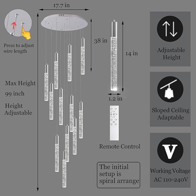 12-Lights High Ceiling Crystal Chandelier, Modern Large LED Raindrop Pendant Light Fixture 98.5" H Flush Mount Chandelier Chrome for Foyer Staircase Villa Living Room