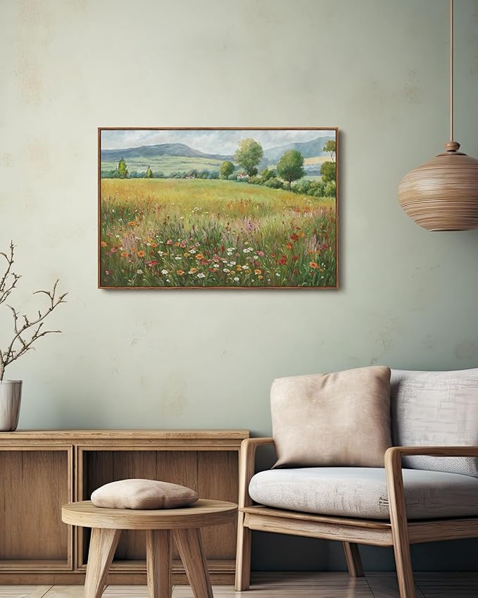 KISSFOX Vintage Landscape Canvas Wall Art Spring Farmhouse Colorful Wildflower Field Framed Wall Art Natural Countryside Cottagecore Paintings Artwork Rustic Art Prints For Bedroom Living Room