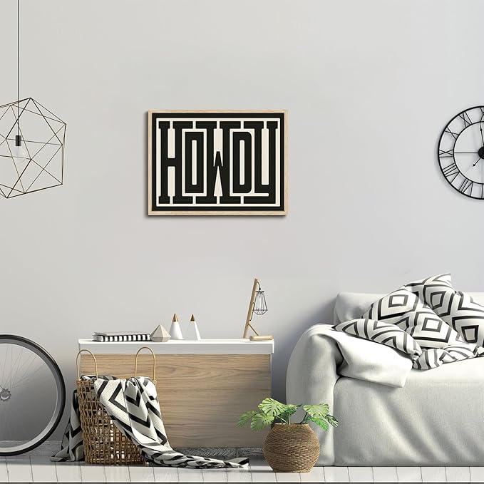 KISSFOX Western Howdy OAK Wood Framed Wall Art Farmhouse Geometric Typography Canvas Art Prints Rustic Country Pictures Wall Decor Vintage Modern Southwestern Artwork For Bedroom Kitchen Living Room