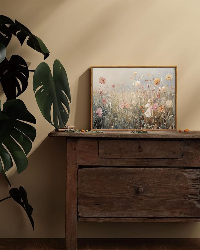 KISSFOX Vintage Summer Wildflower Framed Wall Art Flower Landscape Canvas Art Rustic Country Paintings Art Prints Modern Farmhouse Pictures Wall Decor For Kitchen Bedroom