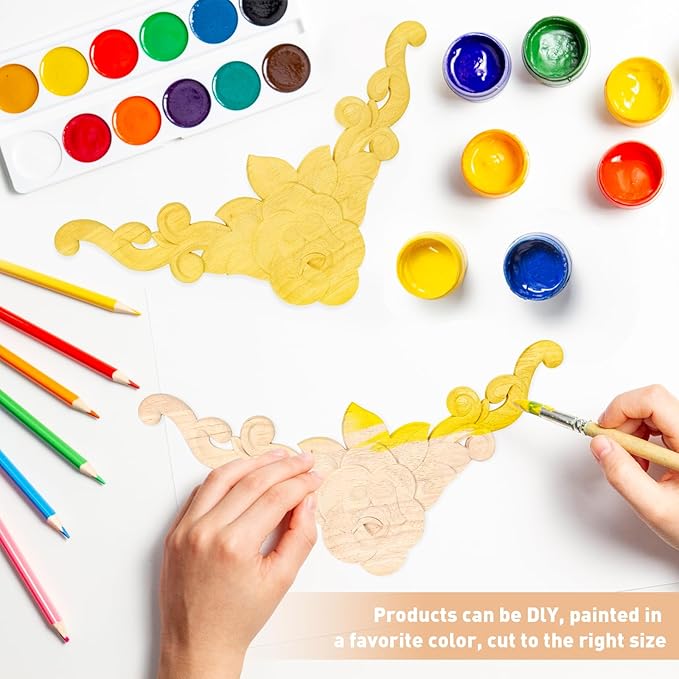 4-Pack Wood Ceiling Molding Corner Trim, 13.4"x13.4" Carved Flower Wall Panels, French Style Decorative Accent for Ceiling & Wall Décor