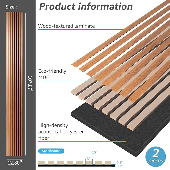 Art3dwallpanels Wood Slat Wall Panel, 108'' x 13'' Wood Panels for Wall 2 Pack 3D Soundproof Wall Panels, Large Acoustic Panels for Interior Ceiling and Wall Decor Noise Reduction,Red Oak