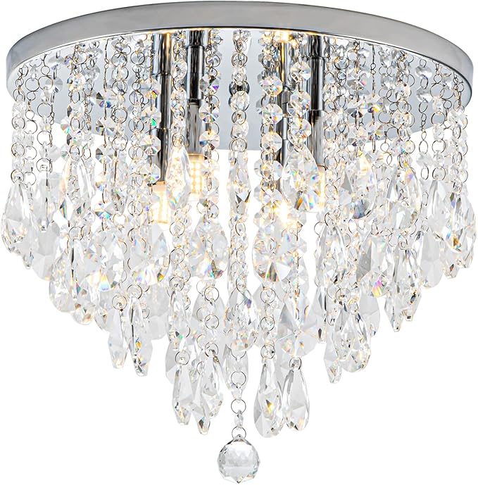 4-Light Crystal Chandeliers Flush Mount, 14 Inches Bedroom Close to Ceiling Lamp, Modern G9 Base Ceiling Light Fixture for Dining Room, Bedroom, Bathroom, Living Room, Closet (Chrome)