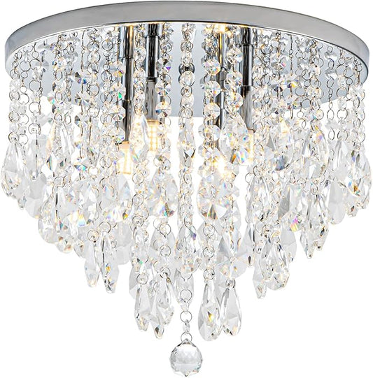 4-Light Crystal Chandeliers Flush Mount, 14 Inches Bedroom Close to Ceiling Lamp, Modern G9 Base Ceiling Light Fixture for Dining Room, Bedroom, Bathroom, Living Room, Closet (Chrome)