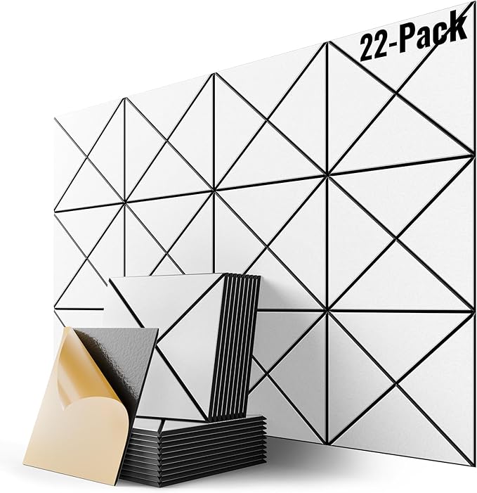22 Pack X-Line Design Acoustic Panels, 12" X 12" X 0.4" Self-Adhesive Sound Proof Foam Panels for Walls, Soundproof Wall Panels for Home & Office (White on Black)