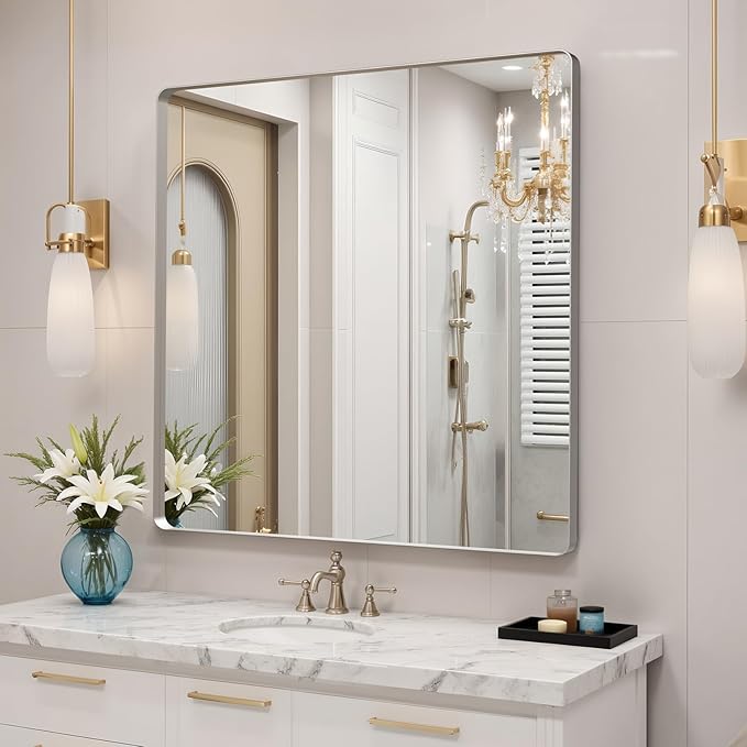 36x36"Bathroom Vanity Mirror for Wall, Aluminum Framed, Farmhouse Rectangle, Anti-Rust, HD Reflection Anti-Desilvering, Distortion Free, Tempered and Shatter-Proof Wall Mounted Mirror, Silver