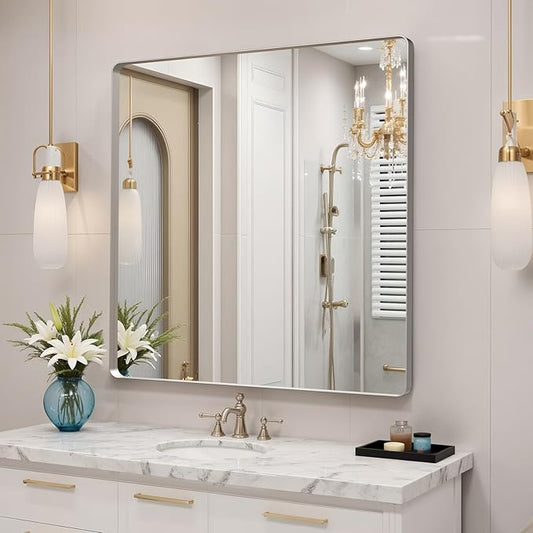 36x36"Bathroom Vanity Mirror for Wall, Aluminum Framed, Farmhouse Rectangle, Anti-Rust, HD Reflection Anti-Desilvering, Distortion Free, Tempered and Shatter-Proof Wall Mounted Mirror, Silver