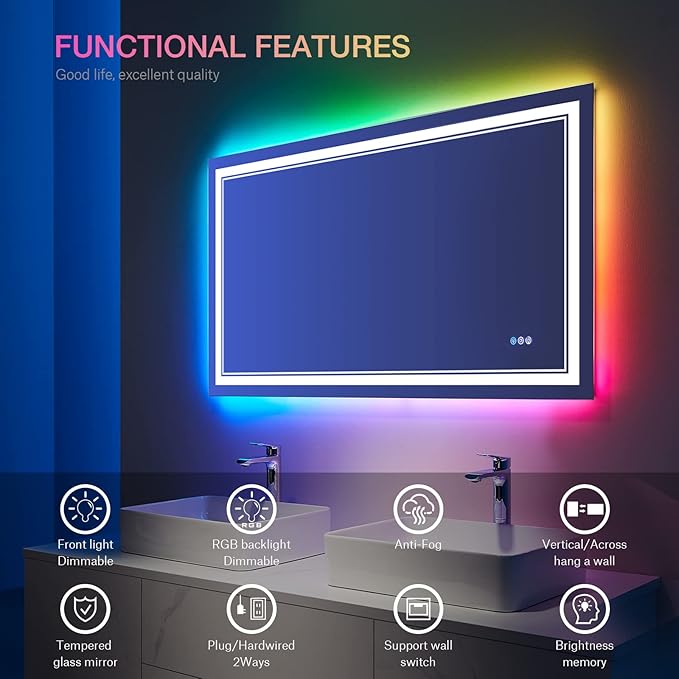 48x30 Inch RGB LED Bathroom Mirror with Lights, Color Changing RGB Backlit LED Mirror for Bathroom,Lighted Vanity Mirrors for Bathroom Wall, Dimmable, Anti-Fog (RGB Backlit+Front-Lit)