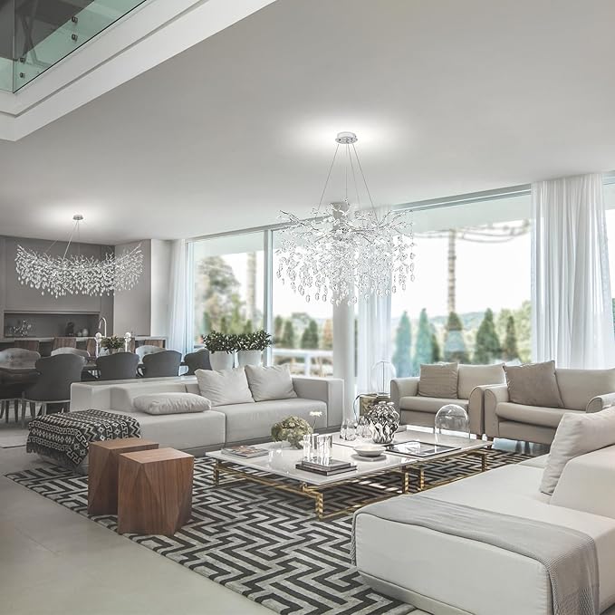 Modern Crystal Chandelier, 31.5" Silver Chandeliers for Dining Room 10 Lights Tree Branch Chandelier Lighting, Round Dining Room Light Fixtures Over Table, Foyer Chandeliers for Entryway