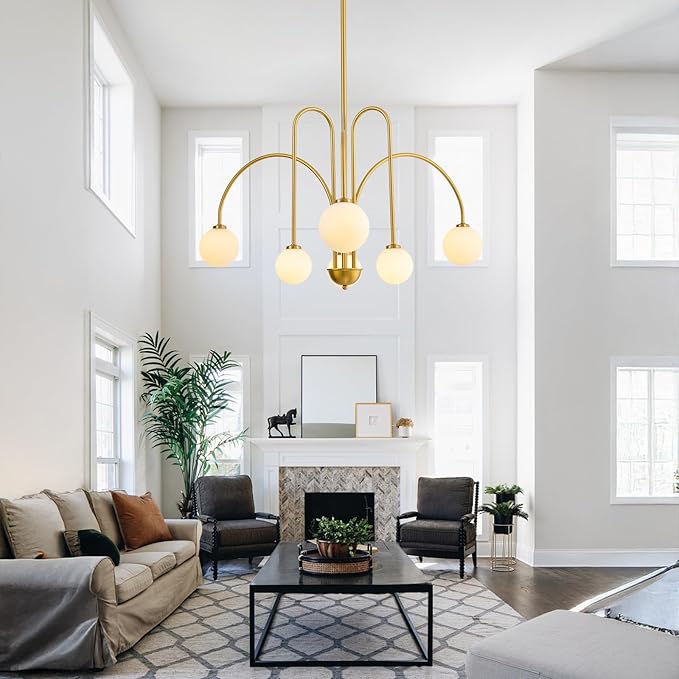 Mid Century Modern Sputnik Chandelier: 6-Light Globe Gold Chandeliers for Living Room - 40" White Glass Ball Dining Room Light Fixture - Large Pendant Lights for Kitchen High Ceiling Foyer Entryway