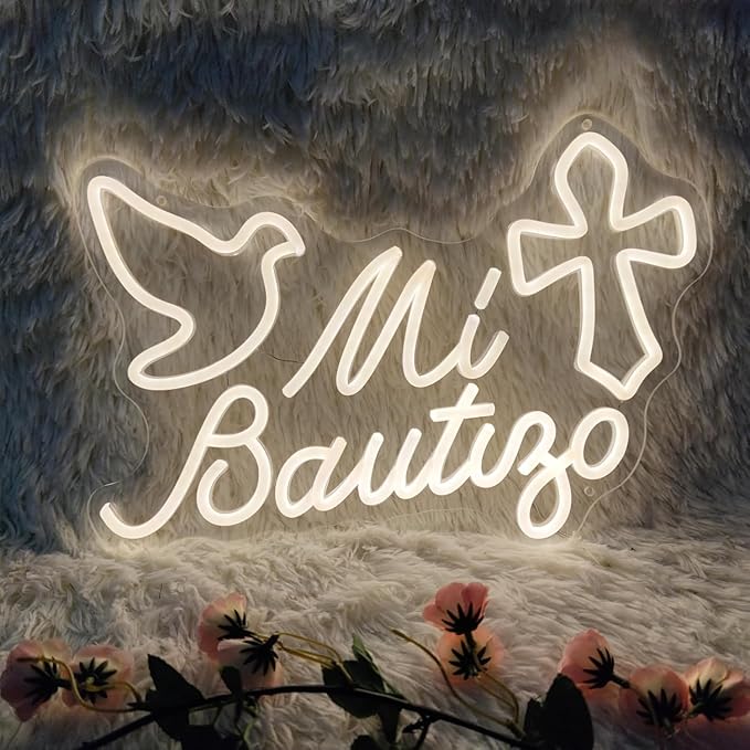 Mi Bautizo Neon Signs for Wall Decor, 15.7 * 10.8 inches Led Baptism Decorations, Perfect For Children's Birthday Party Decoration, Baptism, Bedroom, Garden, Birthday, Christmas, INSNEnN